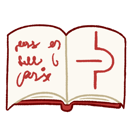 A drawing of an open book. The page on the left has scribbles that resemble words. The page on the right has a glyph of a horizontal line going into a divot in a vertical line, representing sex. 